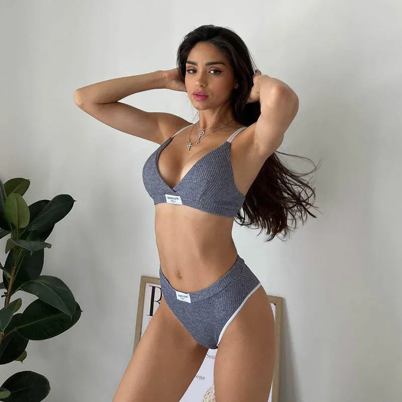 Grey women's embroidered bikini set with contrast binding, sleeveless top and shorts.