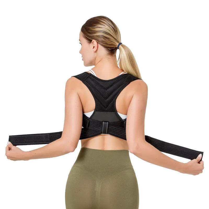 Black adjustable anti-humpback posture correction belt worn for back support.