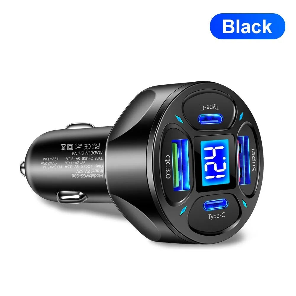 Black digital display car charger with two USB ports and two Type-C ports, showing voltage readout.