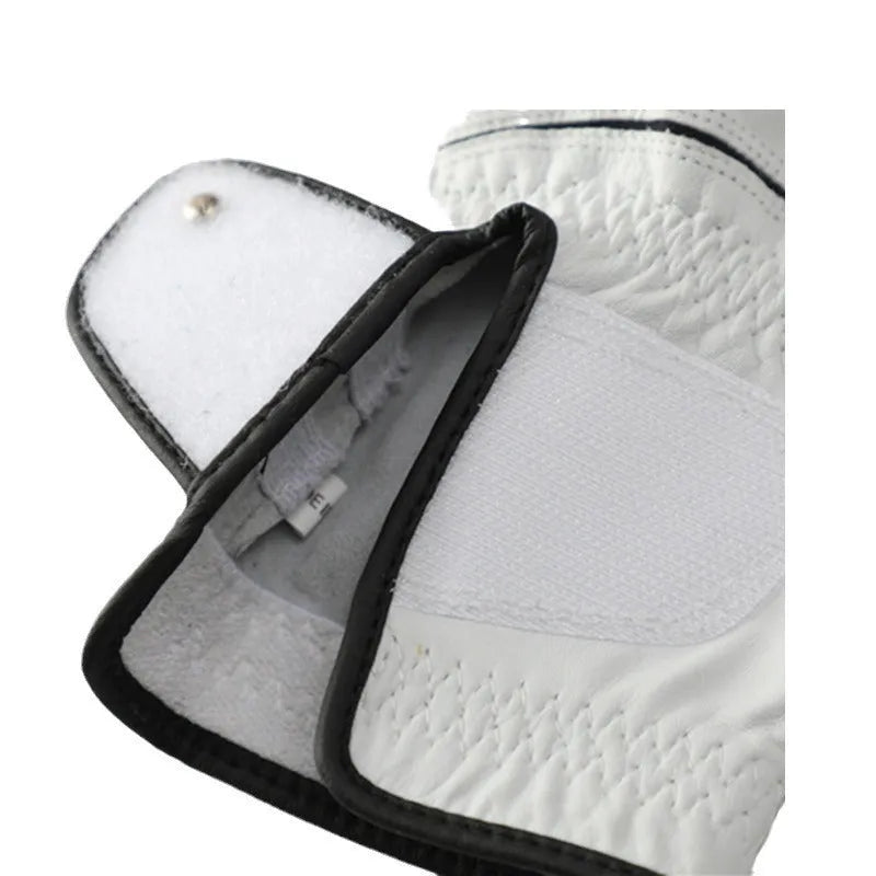 Men's white half sheepskin leather golf glove showing palm grip detail.