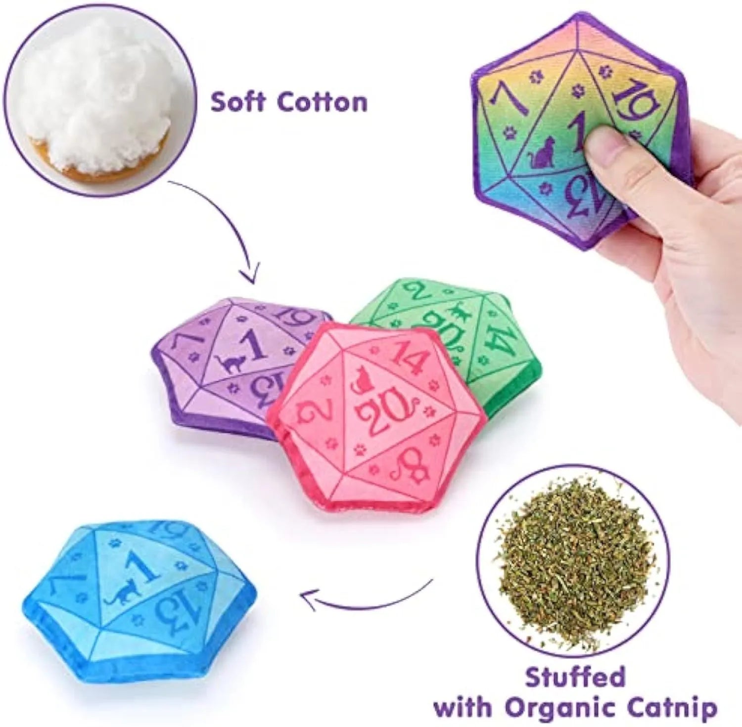 Dice-shaped plush catnip toy in multiple colours for D&D and cat play