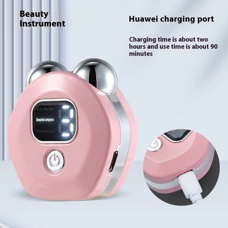 Portable white micro current facial massage instrument with double-roller head and USB charging cable.