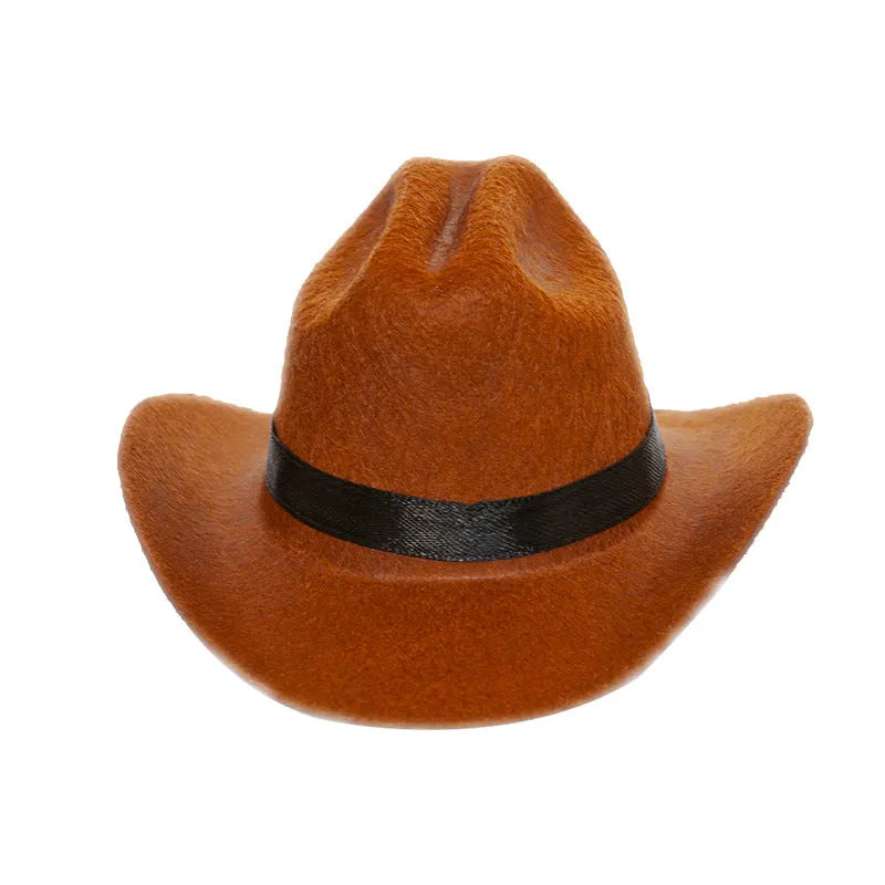 British-style brown cowboy hat for a cat with a black ribbon trim on a white background.