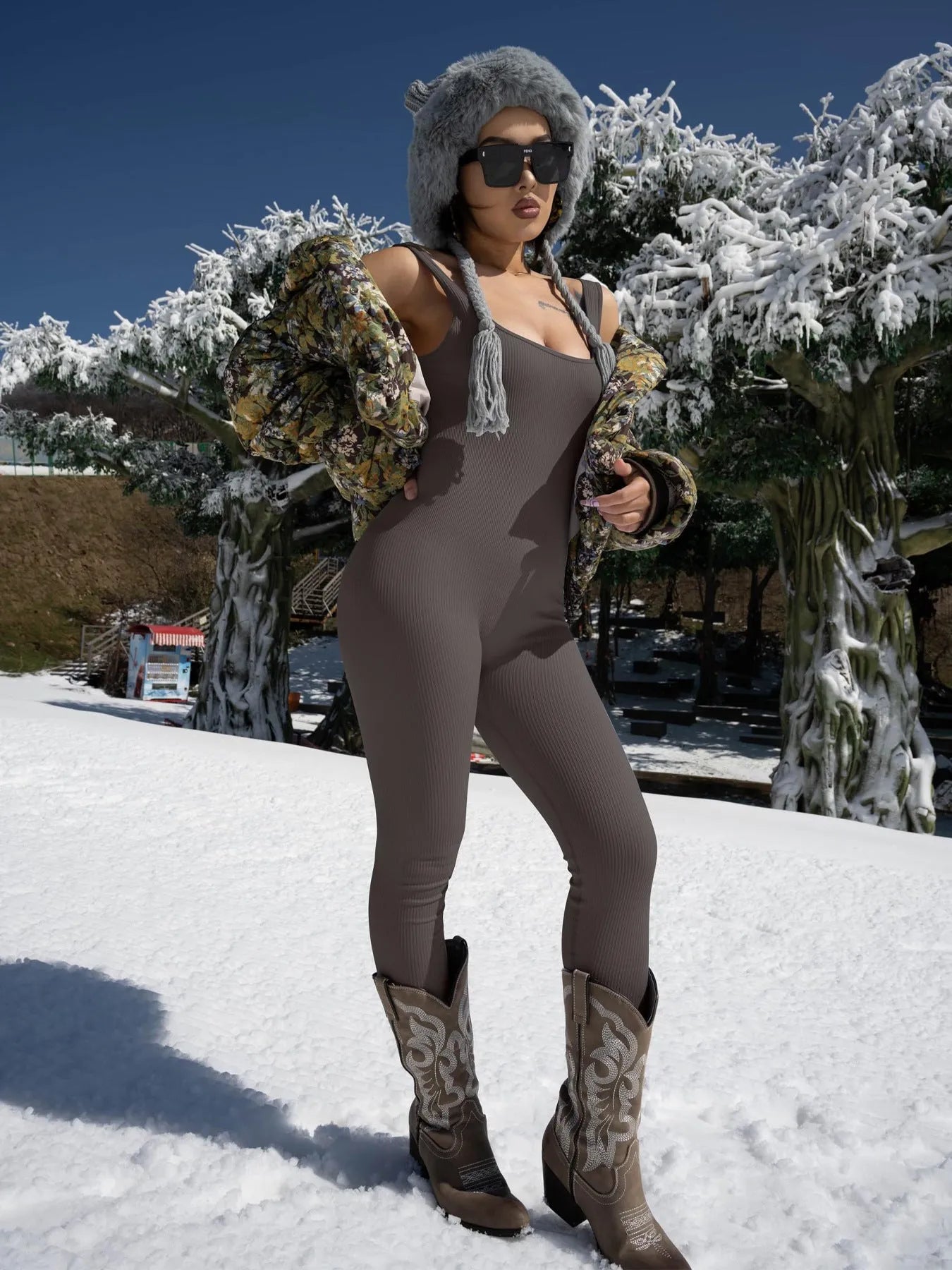Women's spandex suspender tank top tights with long sleeves and button detailing in beige colour