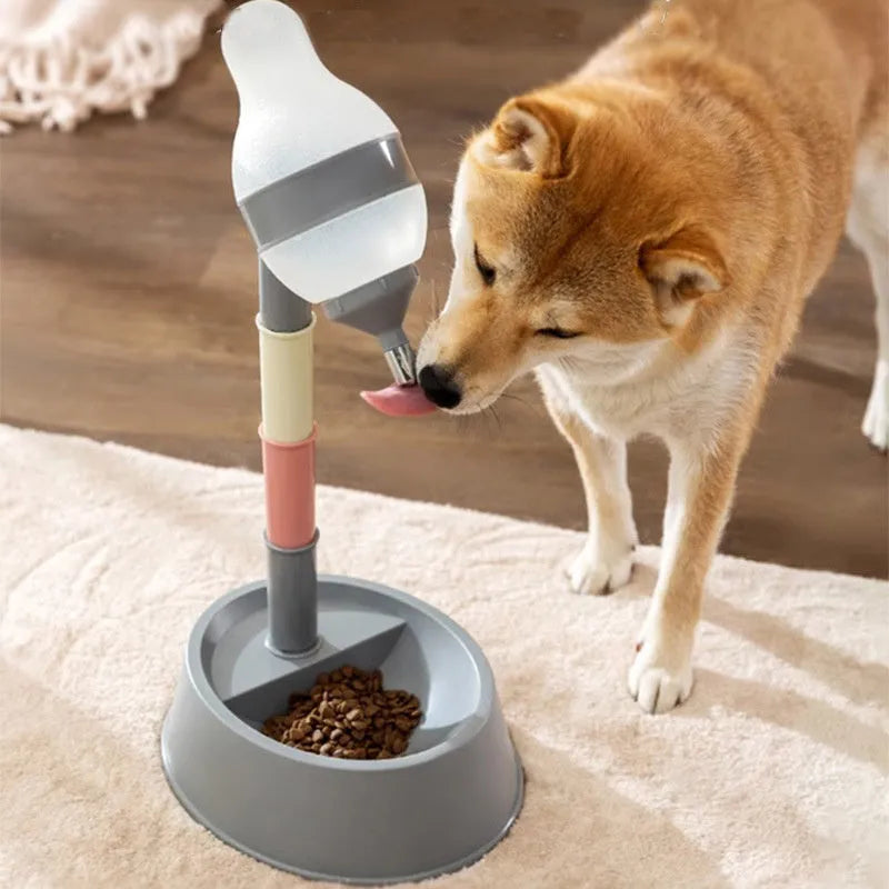 Adjustable height pet water dispenser in green, grey, or pink with detachable pole and steel drinking nozzle