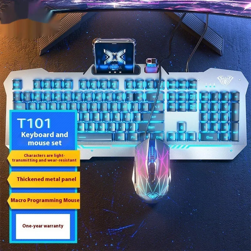 Black and white wired mechanical-feeling keyboard mouse headset bundles with RGB or blue backlighting
