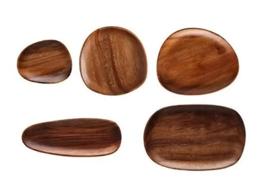 Natural acacia wood Japanese snack plate with visible wood grain patterns and hand polished surface
