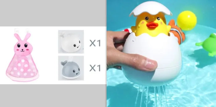 Blue and white whale bath toy with water spray and flashing lights for baby sensory play