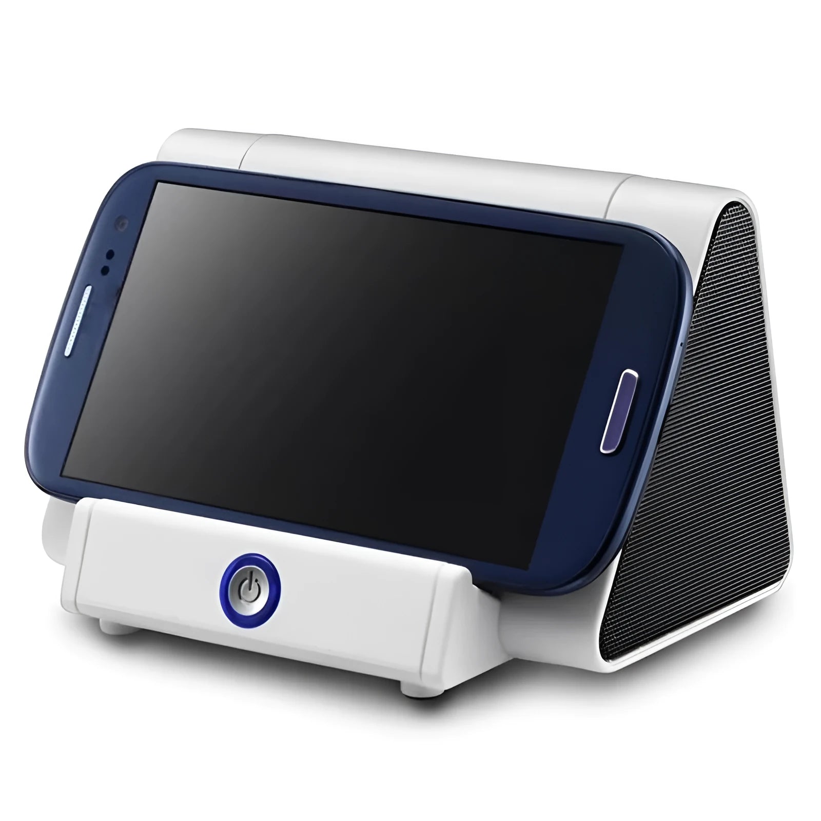 Compact black and white wireless Bluetooth mini speaker with charging cable.