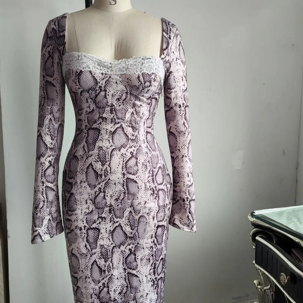 Grey slim fit women's lace dress with digital 3D print pattern, long sleeves, and A-line skirt.