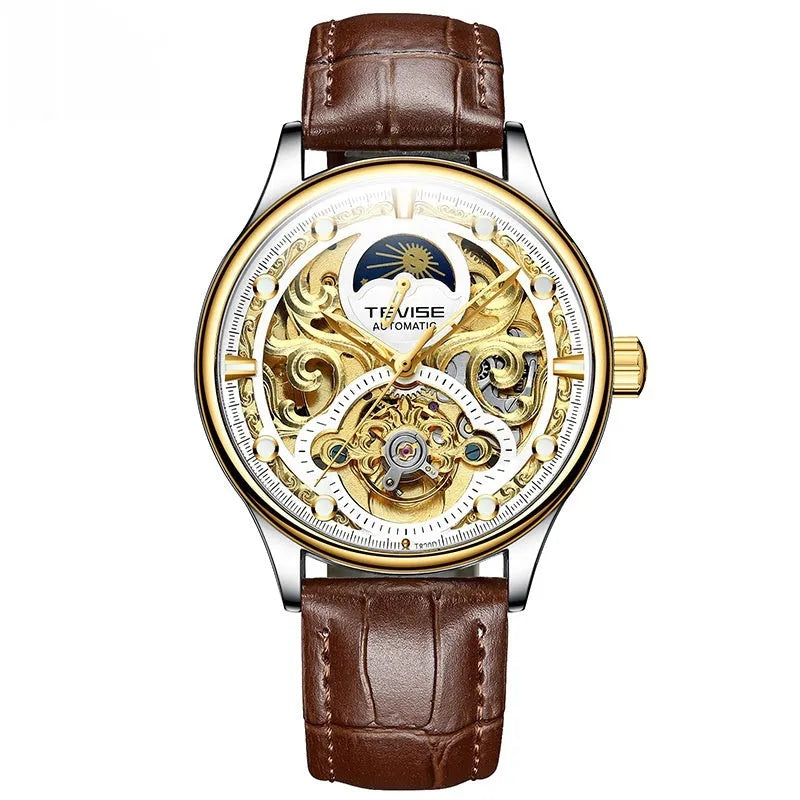 Men's gold and white leather strap automatic waterproof business watch showing 16mm thickness