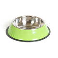Stainless steel pet bowl with colourful melamine exterior and non-slip rubber base