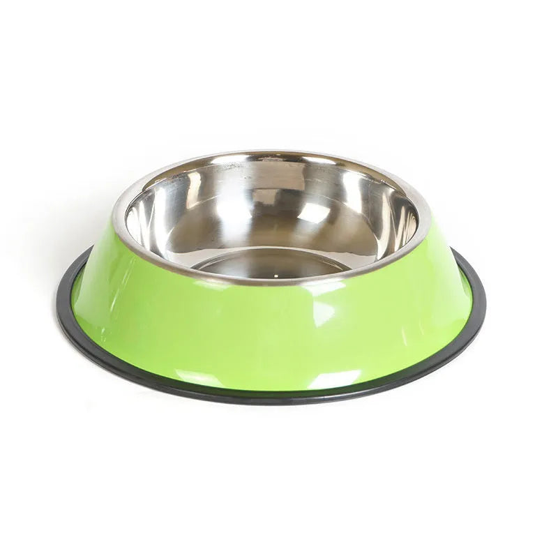 Stainless steel pet bowl with colourful melamine exterior and non-slip rubber base