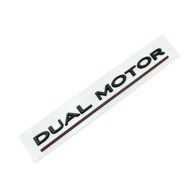Black and red ABS plastic performance letter sticker for Tesla Model 3 bumper, measuring 19cm long.