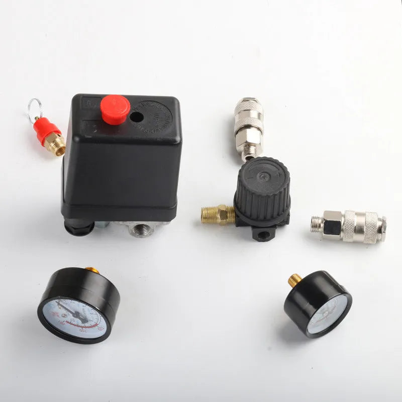 European style air compressor pressure switch with 12mm connector and voltage selector.