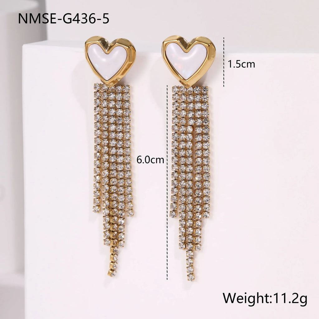 Stainless steel earrings with diamond tassel designs in heart, star and geometric shapes with 18K electroplated finish