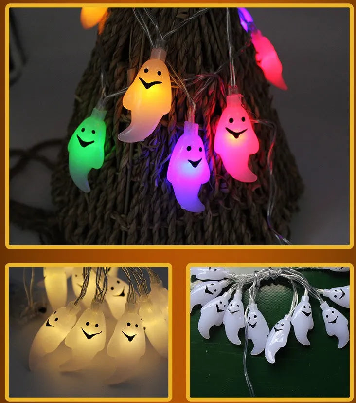 Halloween LED string lights with pumpkin, bat and ghost decorations showing colour changing illumination