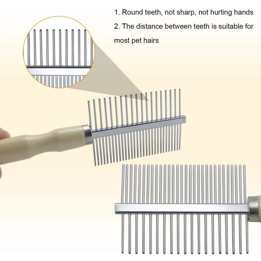 Wooden handle pet grooming comb for dogs and cats with rounded needles