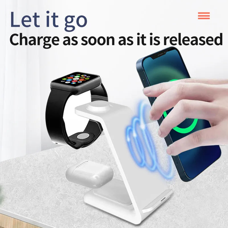White 3-in-1 wireless charger phone stand with upright design and dual coil charging surface