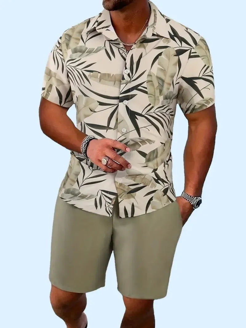 Men's 3D printed Hawaiian style short sleeve top and matching shorts summer suit