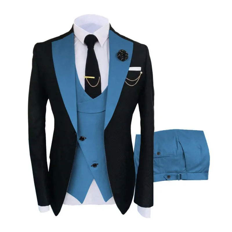 Men's slim fit three-piece business suit in black with vest coat and trousers for formal occasions