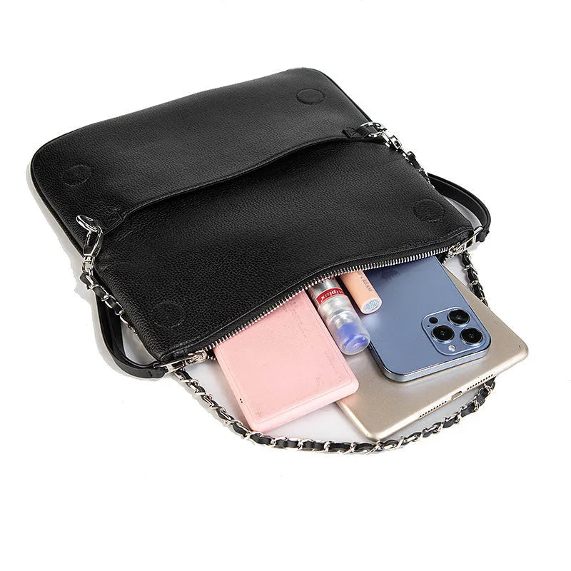 Women's black chain folding clutch shoulder messenger bag with shell shape design and sandwich zipper compartment
