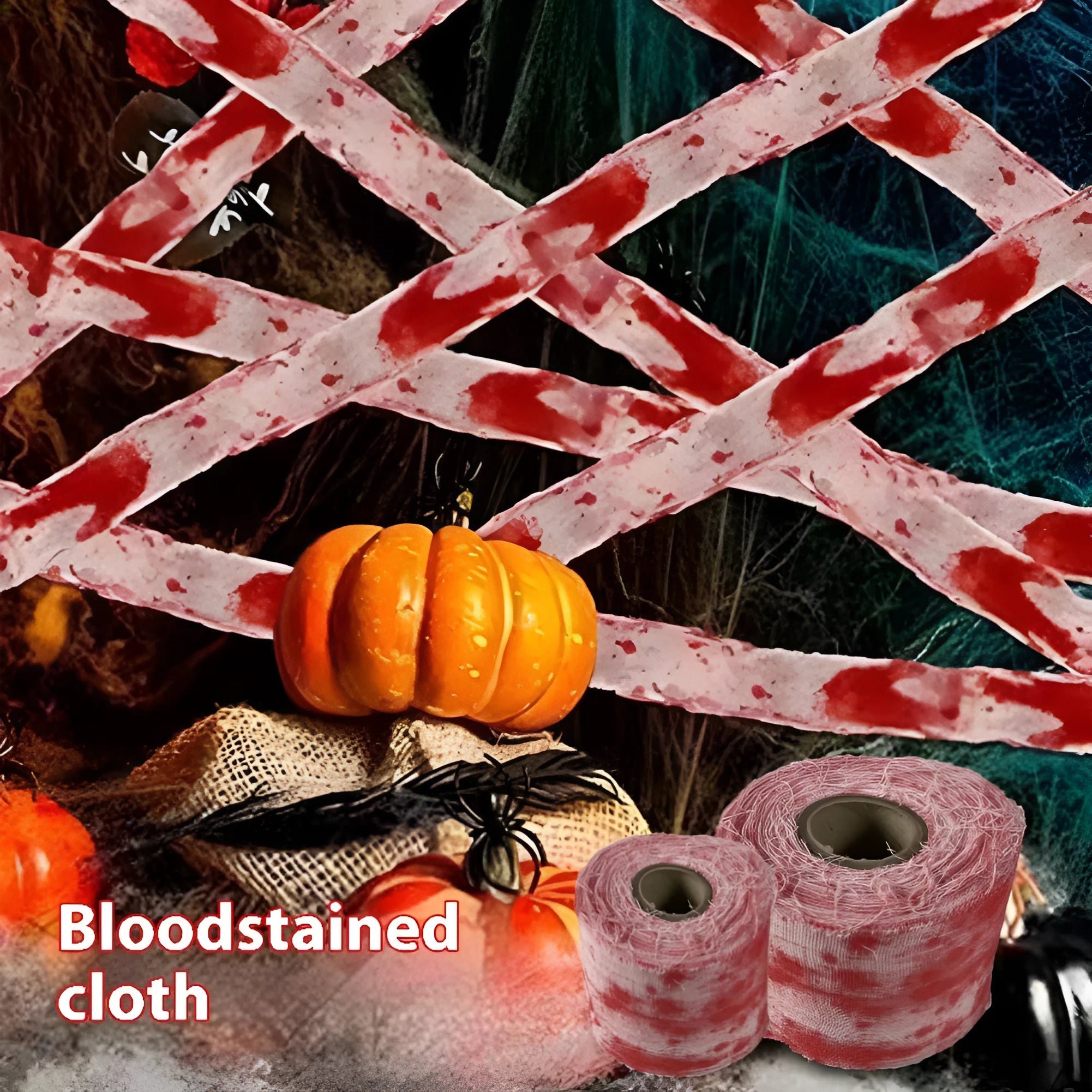 Roll of Halloween horror bandage in bloody red colour with a frayed end, showing its 8cm width and cloth-like polyester texture.