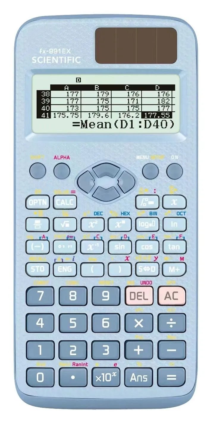 991EX solar scientific calculator in black, blue, or pink colours for complex statistics