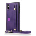 Black leather iPhone case with card holder slot and adjustable wristband holster attached.