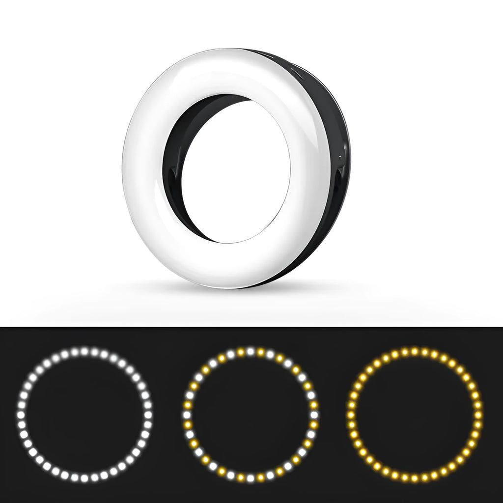 Compact black LED selfie ring light with USB cable for mobile phone photography.
