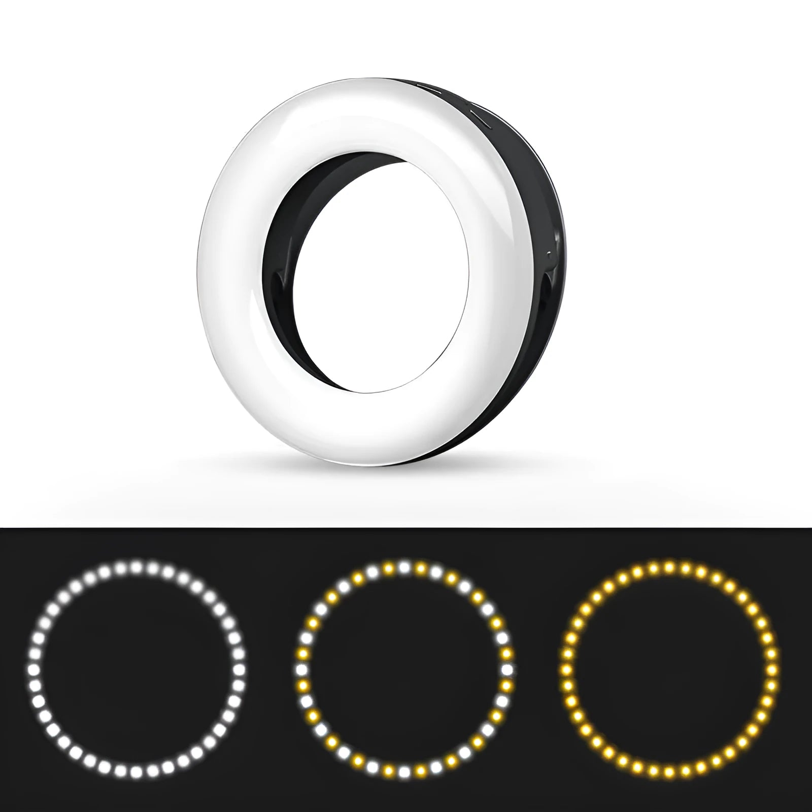 Compact black LED selfie ring light with USB cable for mobile phone photography.