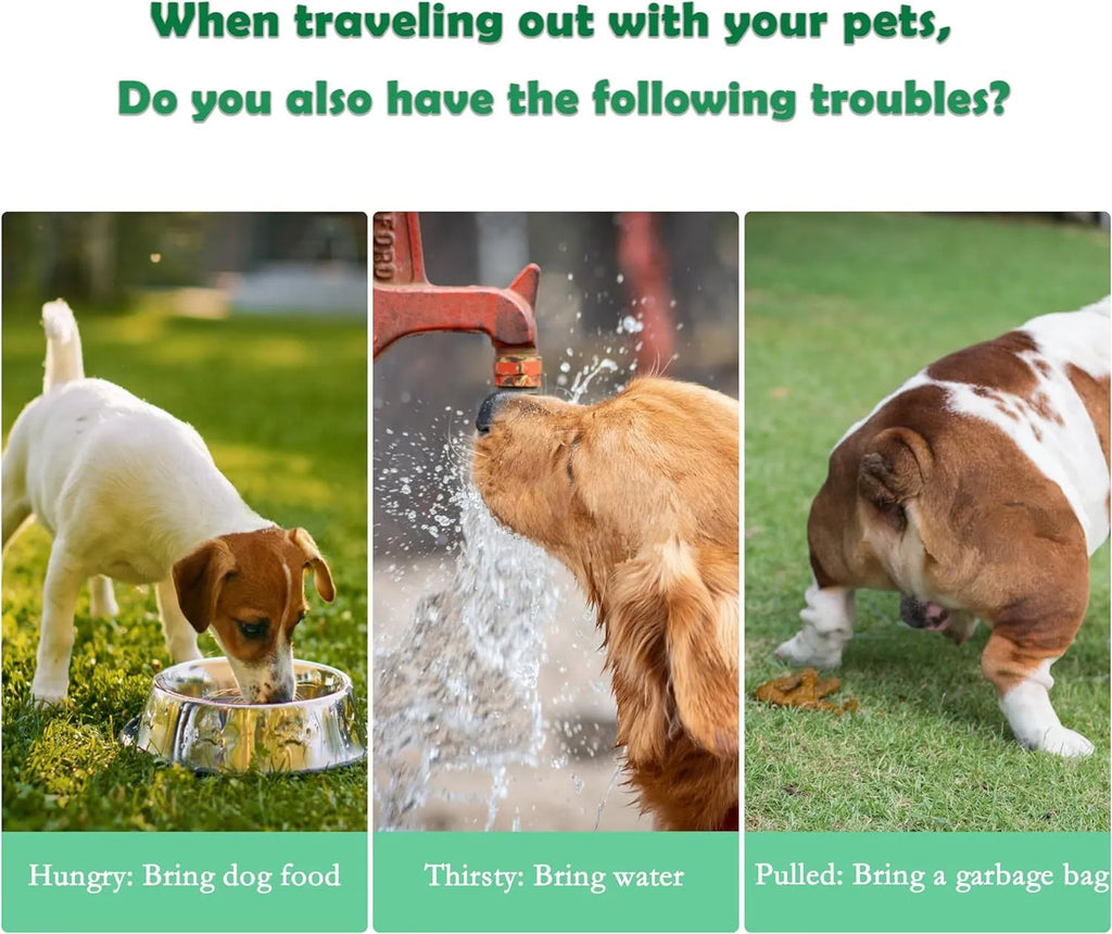 Green 3-in-1 portable pet water bottle with food container and waste bag dispenser on a strap.