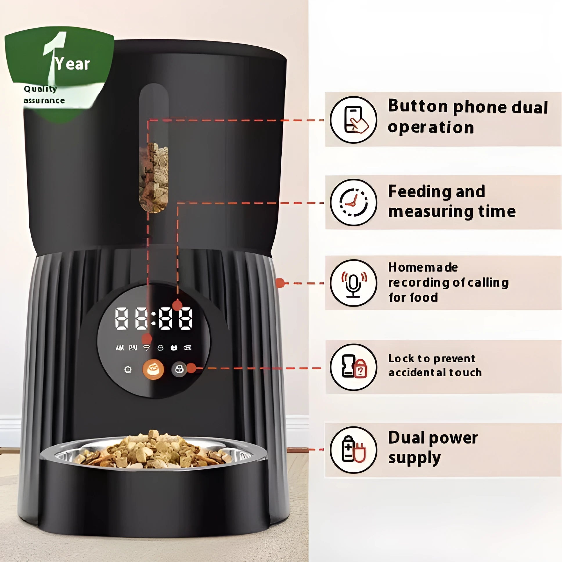 Black and white intelligent pet feeder with automatic timing and quantitative remote feeding control