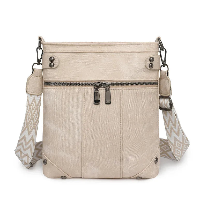 Fashion new rivet crossbody women's bag in beige, horizontal square shape with PU outer and single shoulder strap