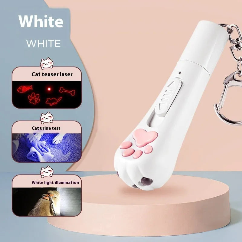 Rechargeable cat teaser pen light toy in pink, cream, and sky blue colours with Self-Hi button.