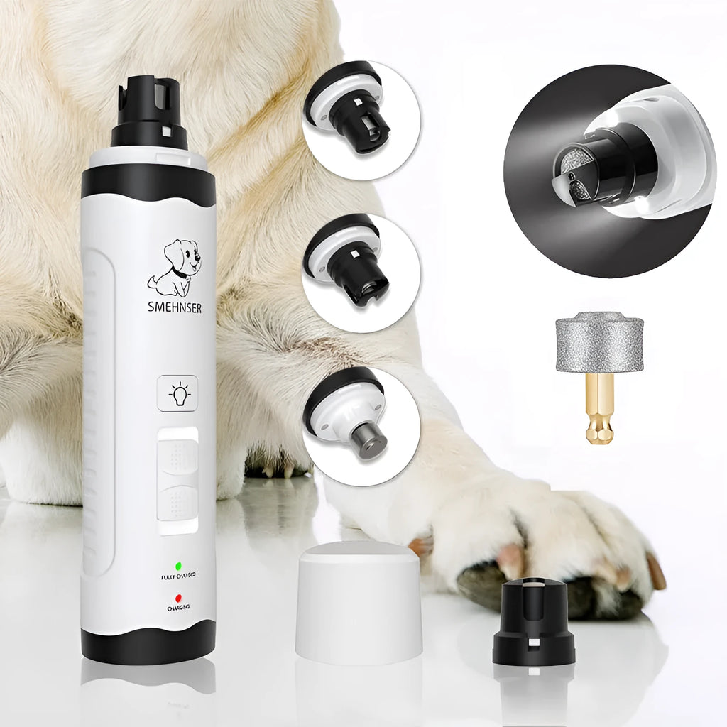 Electric dog nail grinder with LCD screen showing speed settings, UK plug, and dust collection port.
