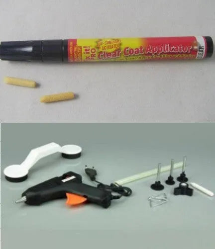 Car dent repair tool with glue gun and three traction gasket strips in color box packaging