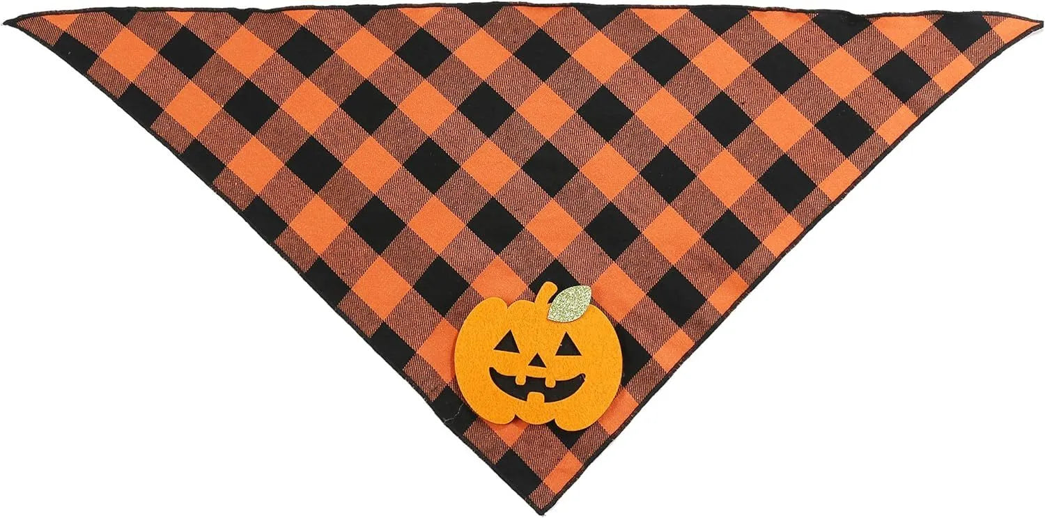 Orange and white Halloween dog plaid bandana with pumpkin and skeleton appliqués