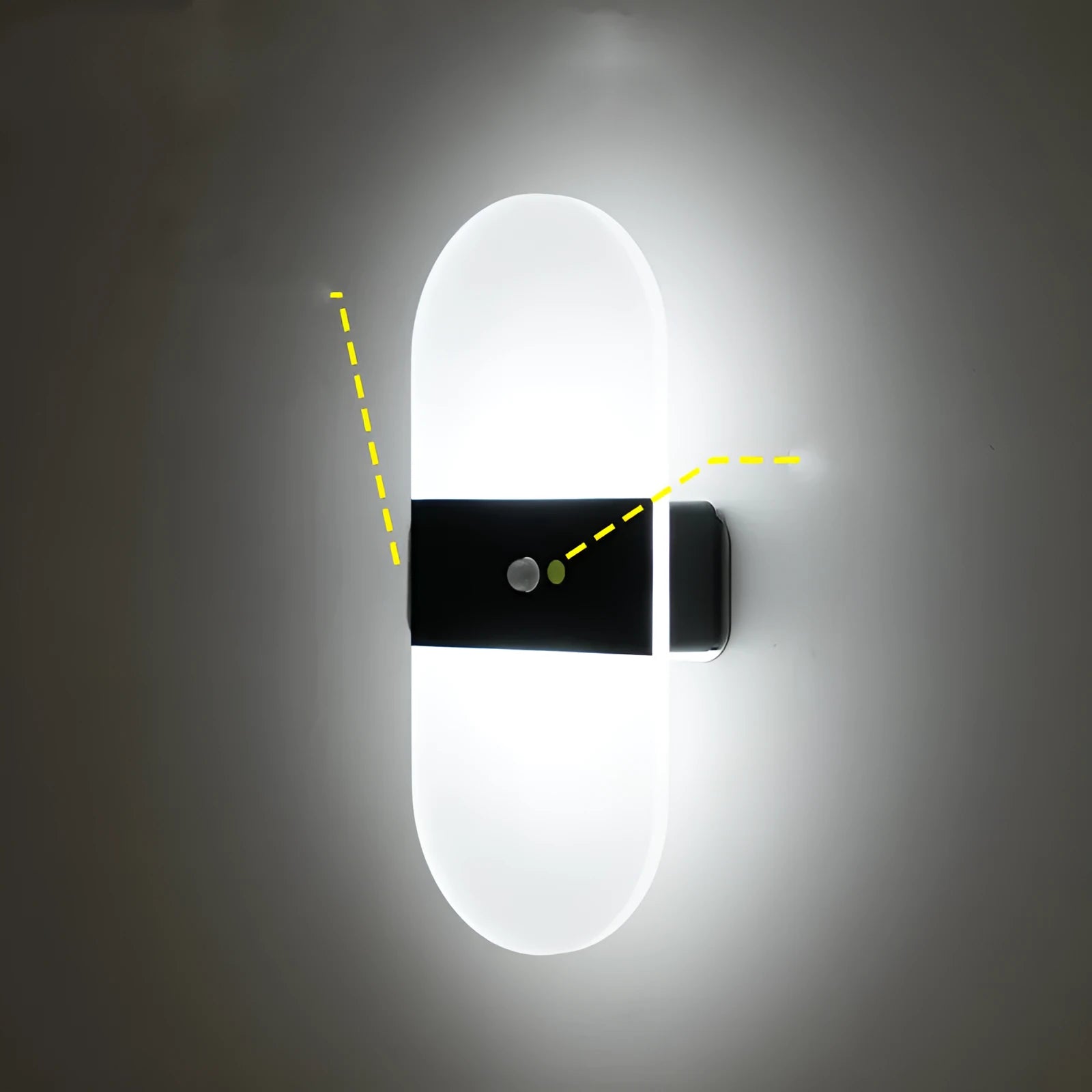 Magnetic rechargeable wall lamp in arc style, black finish, with warm light on a metal bedside shelf