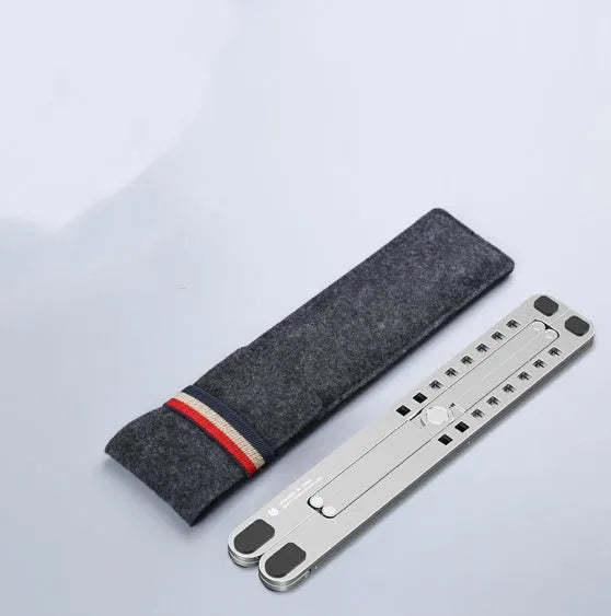 Portable aluminum laptop stand folded and unfolded, showing adjustable height and silver colour