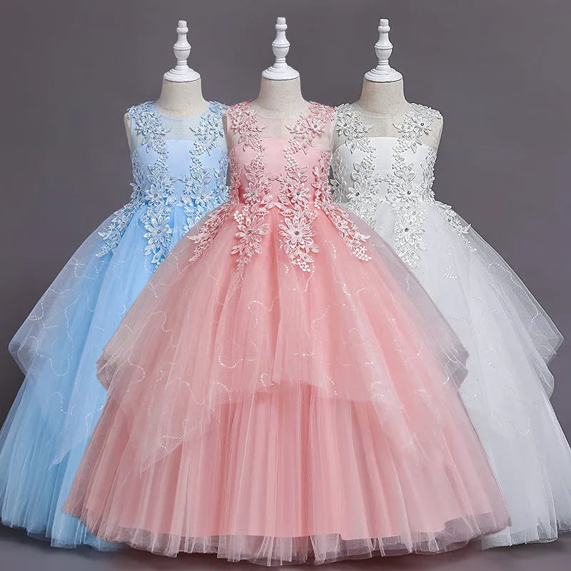 Girls' formal mesh lace dress with cotton lining in blue, front view, size 120cm