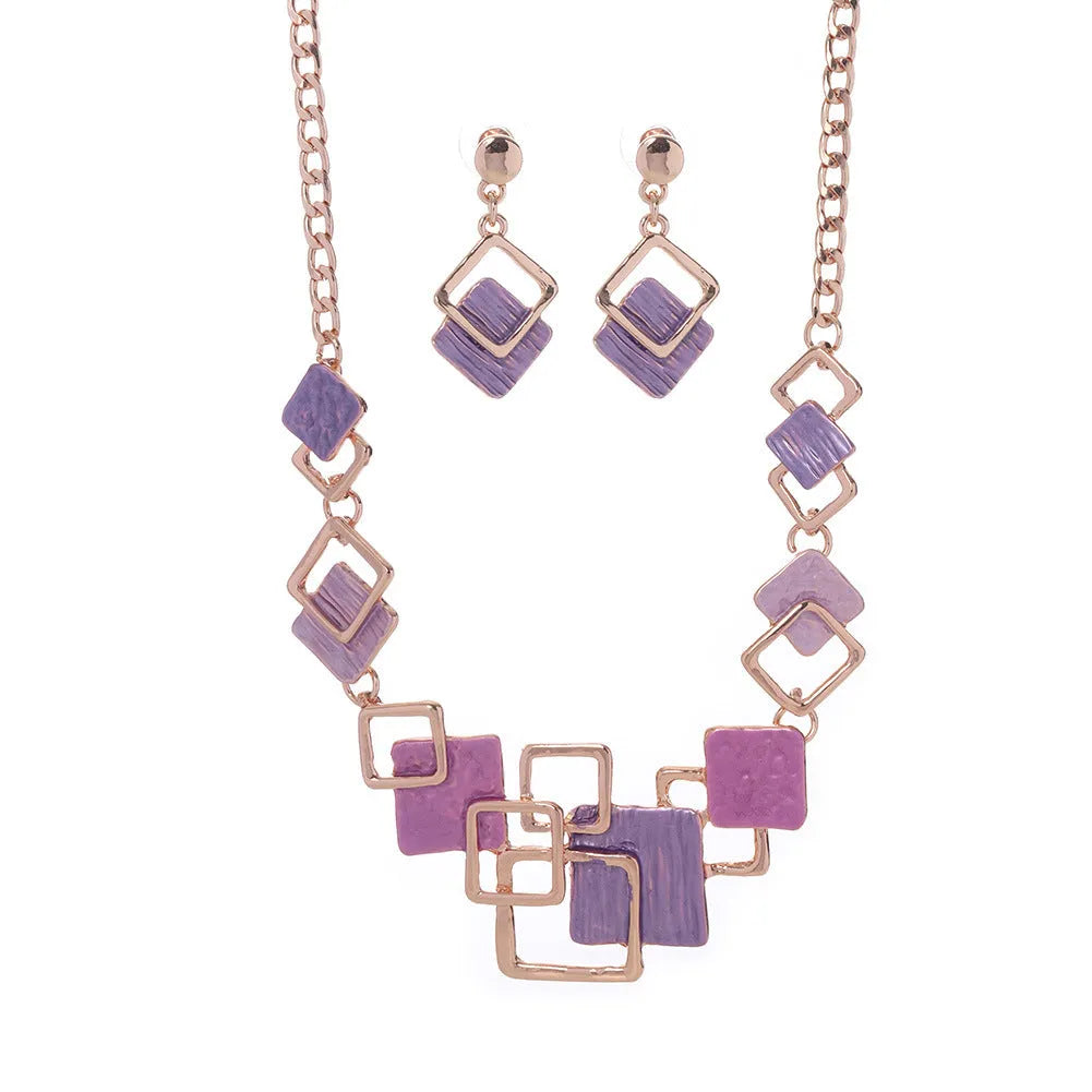 Zinc alloy geometric square hollow necklace and earrings kit with curb chain and dripping oil colour finish for women