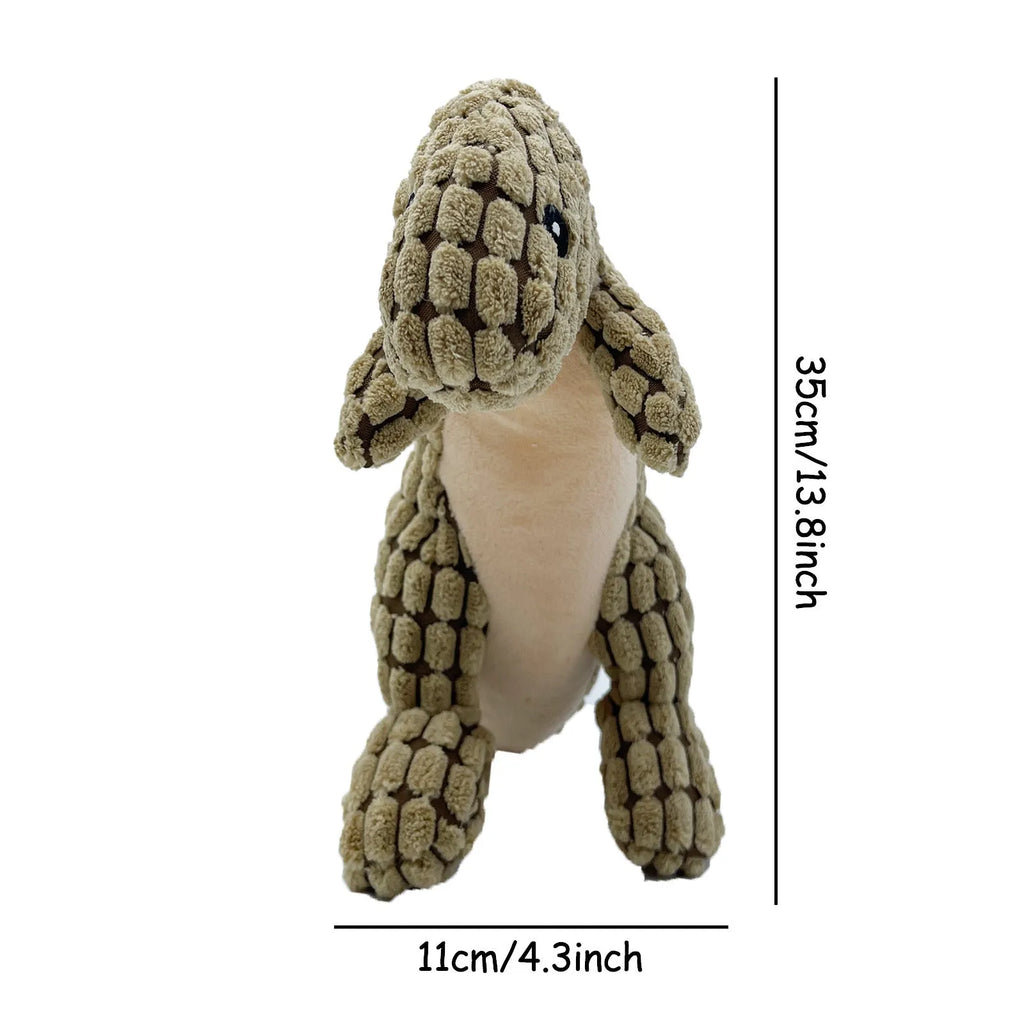 Grey, green, or orange dog chew toy with sound, shown next to a measuring tape indicating its 35cm length.