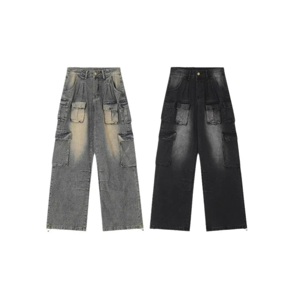 Loose fit light blue denim jeans with multiple pockets and a distressed washed finish on a neutral background.