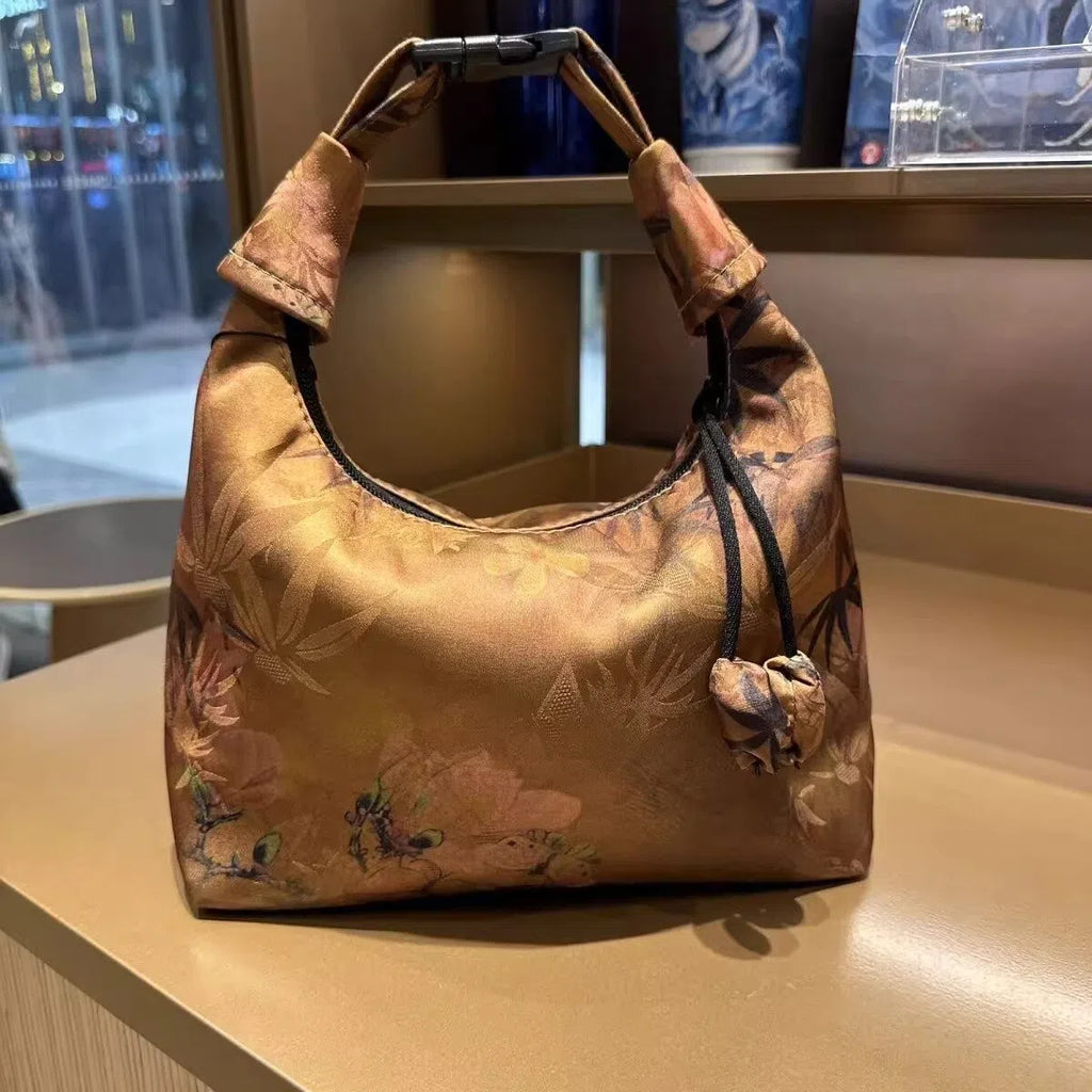 Silk underarm bag dumpling shape real silk floral motifs stitched seams Chinese-style shoulder bag
