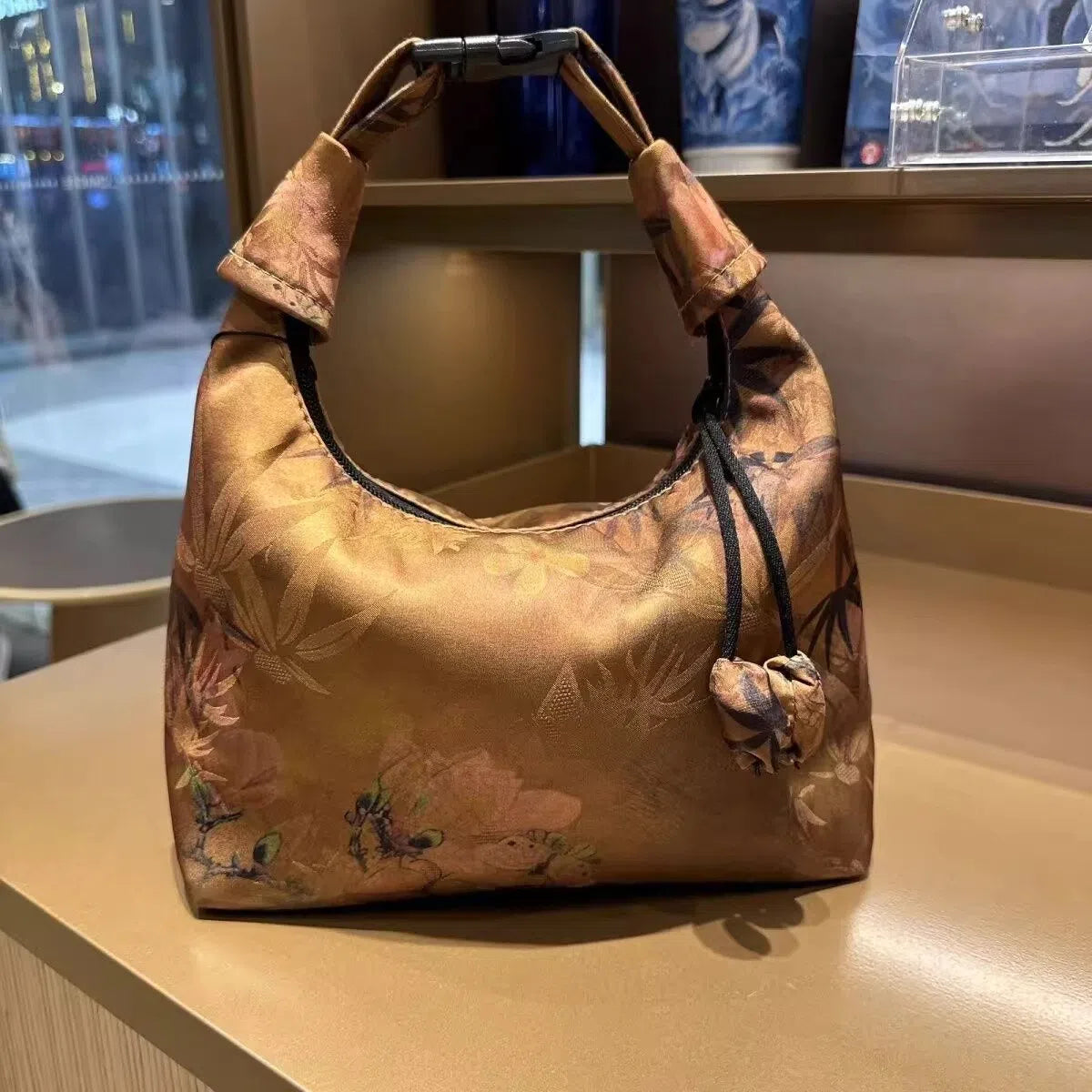 Silk underarm bag dumpling shape real silk floral motifs stitched seams Chinese-style shoulder bag