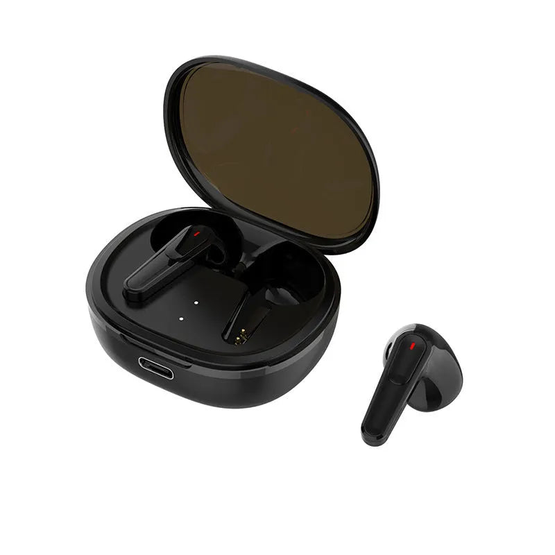 Black in-ear Bluetooth headphones with noise reduction feature.