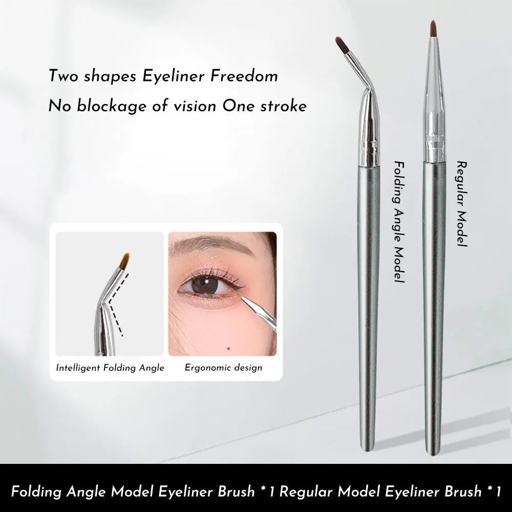 Angled bend head fine tip synthetic eyeliner brush for under eye concealer and detail work.