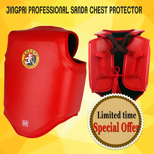 Red boxing helmet and chest protector set for fight training with PU construction