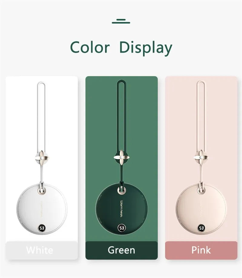 Green hand warmer power bank with digital display showing charge level, measuring 89.5mm square